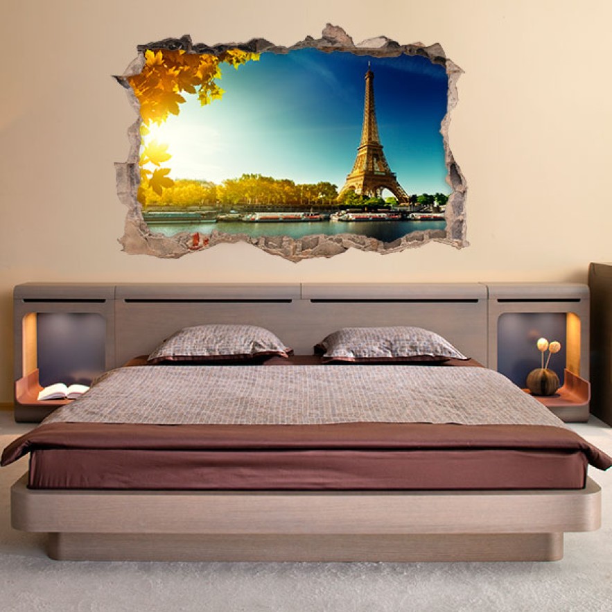 Vinilo agujero pared 3d torre eiffel parís
