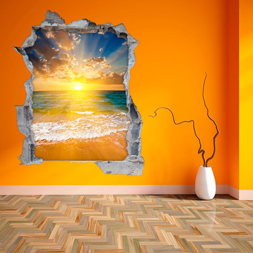 Vinilo agujero 3d puesta de sol en la playa