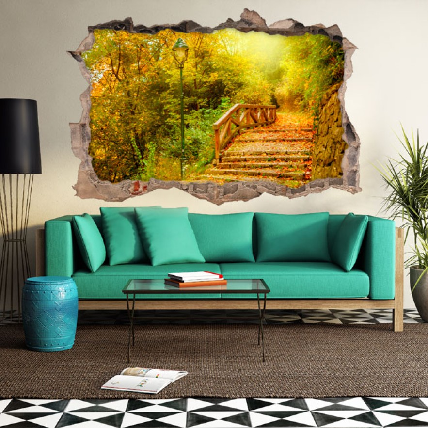 Vinilo agujero 3d puente árboles otoño