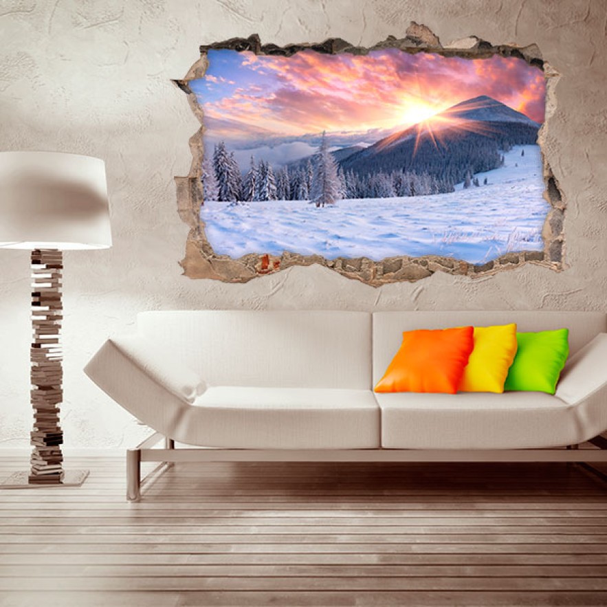 Vinilo agujero 3d puesta de sol montañas nevadas