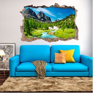 Vinilo agujero 3d paisaje río en las montañas