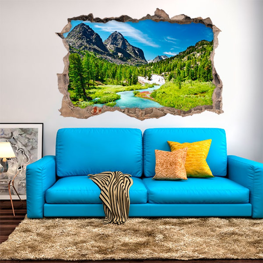 Vinilo agujero 3d paisaje río en las montañas