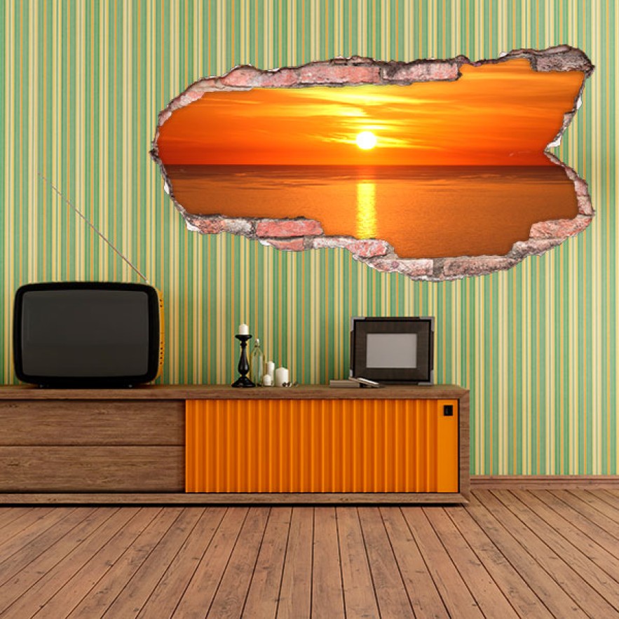 Vinilo agujero 3d sol atardecer en el mar