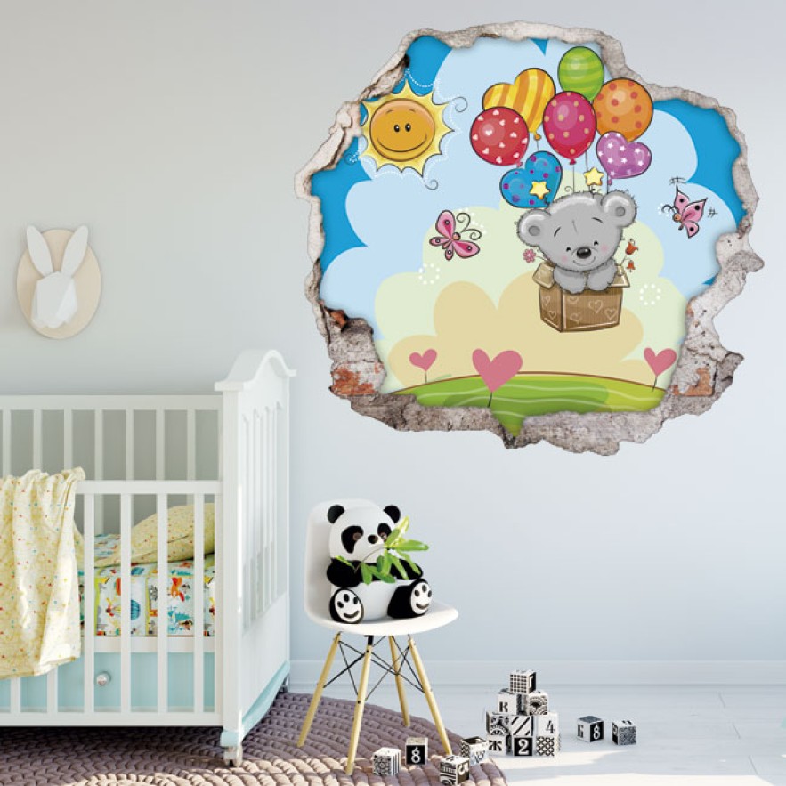 Vinilo infantil agujero 3d osito con globos