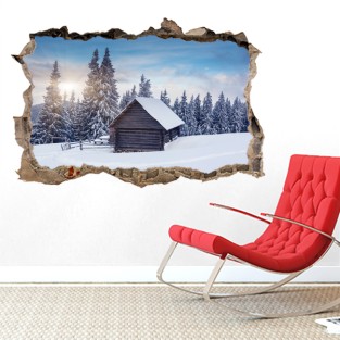 Pared Rota Vinilo 3D Cabaña en la nieve Pared Rota Vinilo 3D Cabaña en la nieve