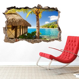 Pared Rota Vinilo 3D Cabaña en la playa Pared Rota Vinilo 3D Cabaña en la playa