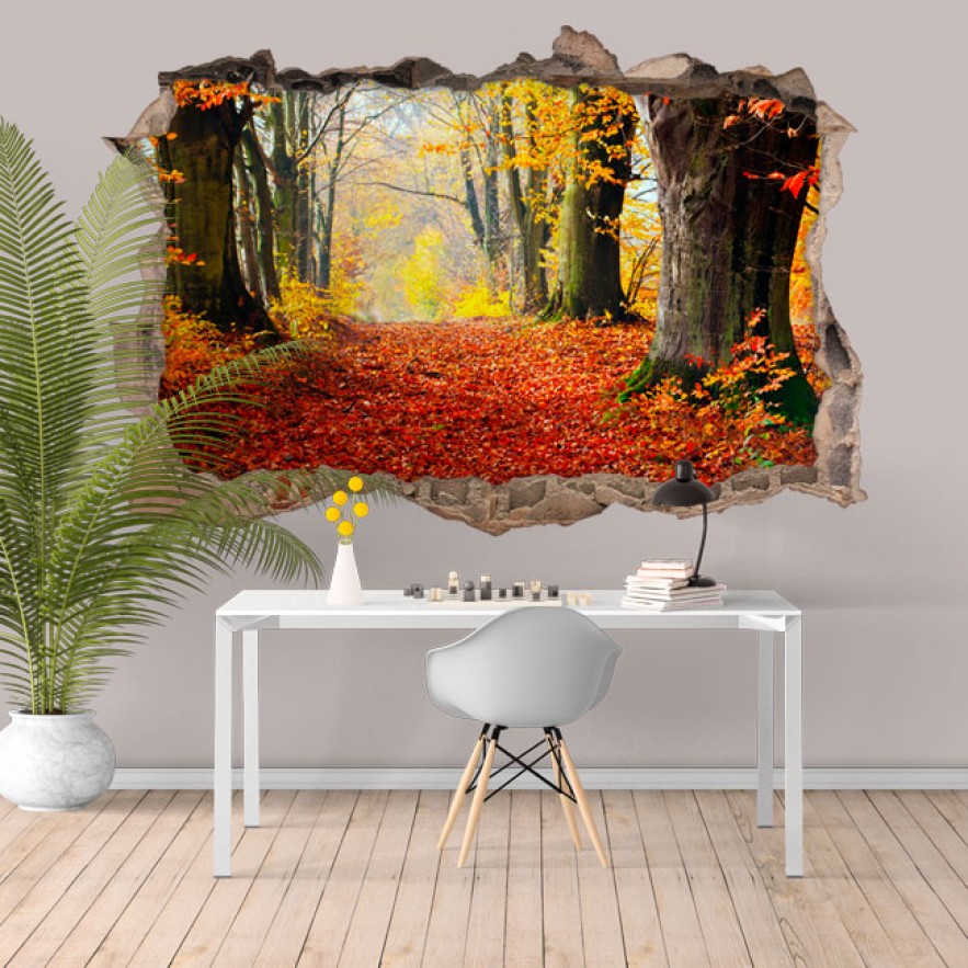 Vinilos agujero 3d camino árboles en otoño