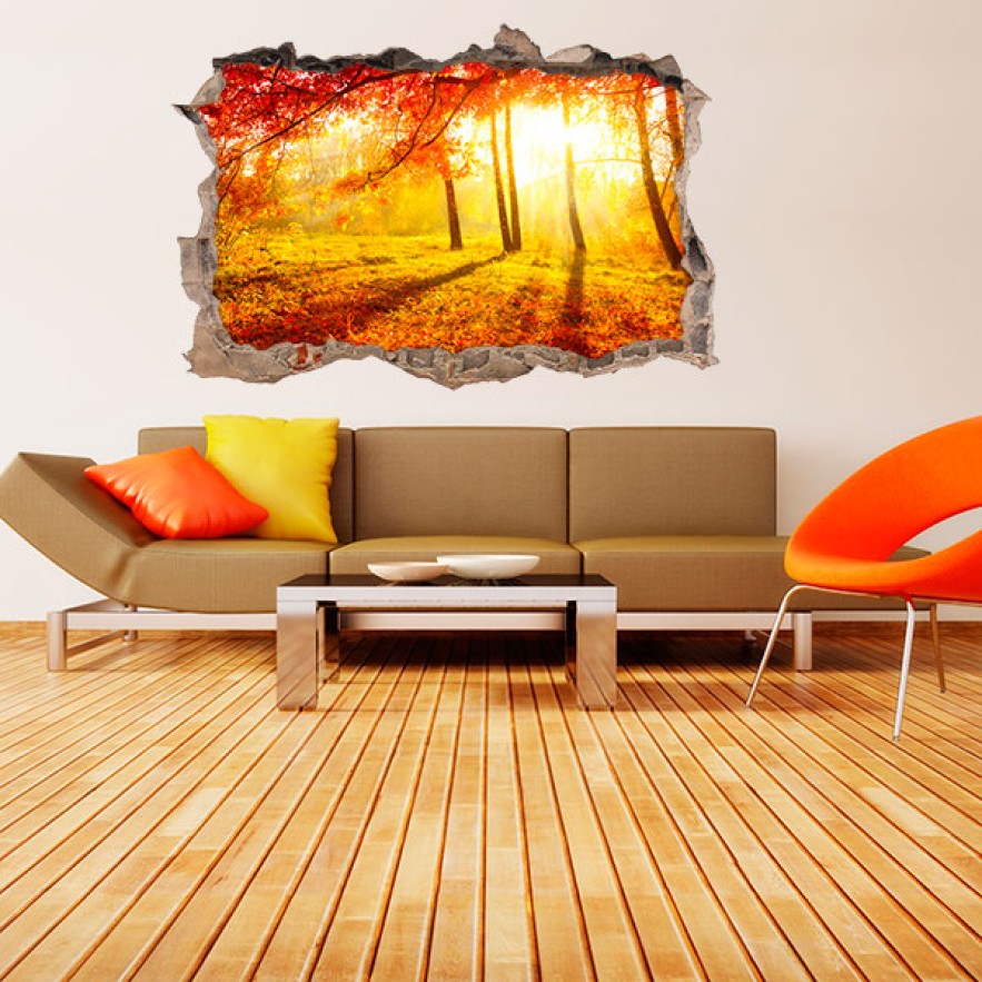 Vinilos agujero 3d paisaje árboles otoño