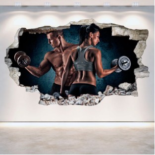 Vinilos agujero 3d pareja entrenando gimnasio