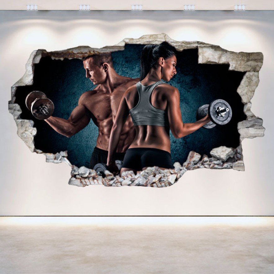 Vinilos agujero 3d pareja entrenando gimnasio