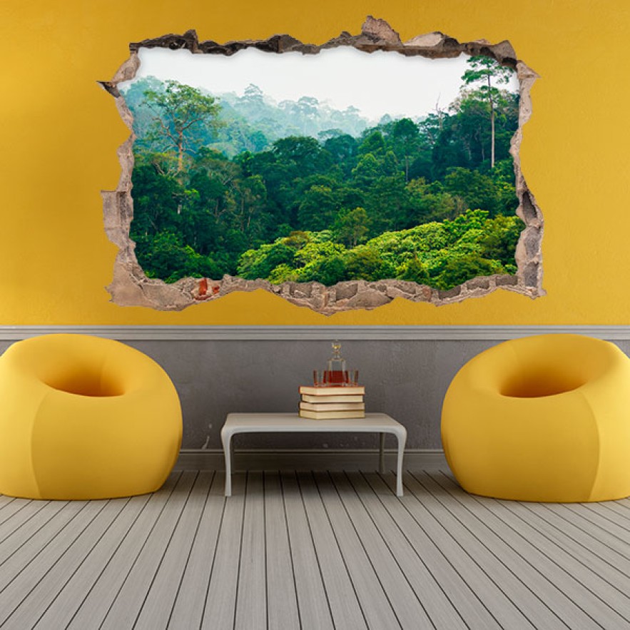 Vinilos agujero 3d paisaje árboles en la selva