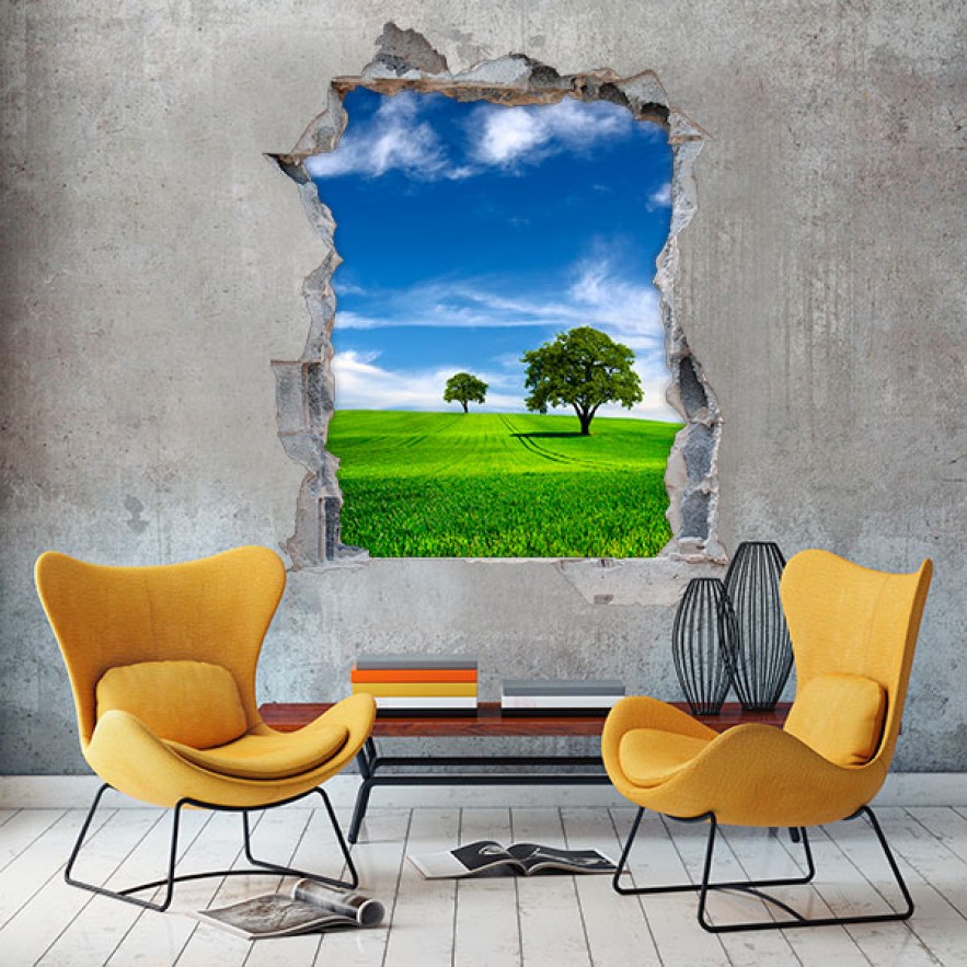 Vinilos agujero 3d paisaje árboles en el horizonte