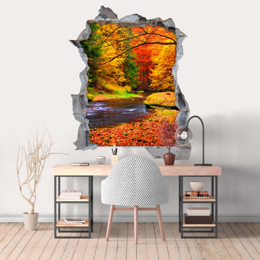 Vinilos agujero 3d paisaje árboles y río en otoño