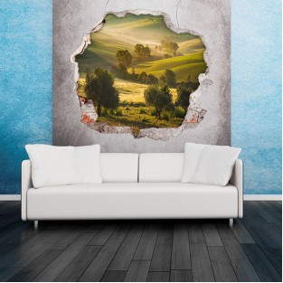 Vinilos agujero 3d paisaje árboles en las montañas