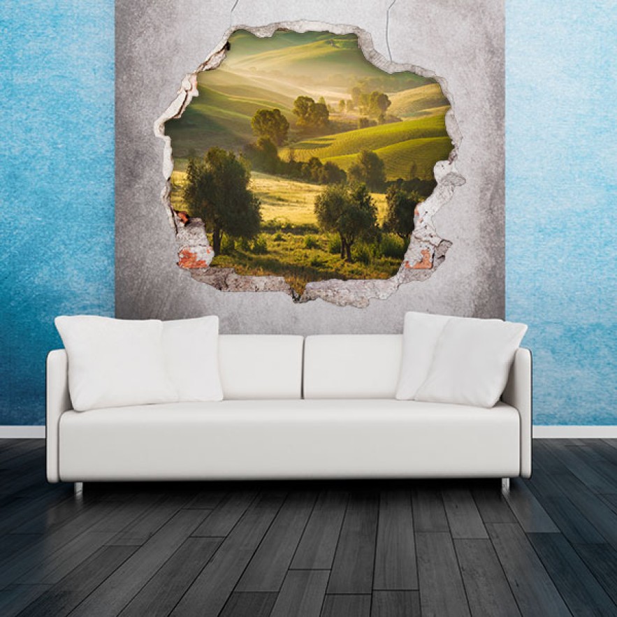 Vinilos agujero 3d paisaje árboles en las montañas