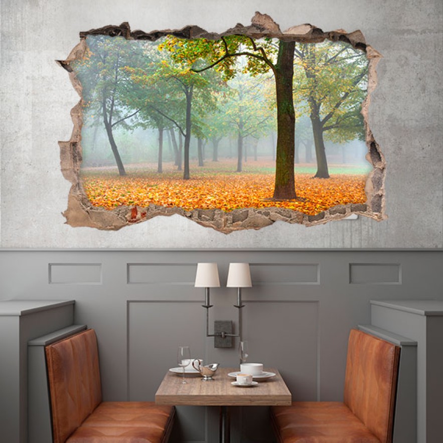 Vinilos agujero 3d paisaje árboles en otoño