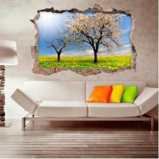 Vinilos agujero 3d campo árboles y flores amarillas Vinilos agujero 3d campo árboles y flores amarillas
