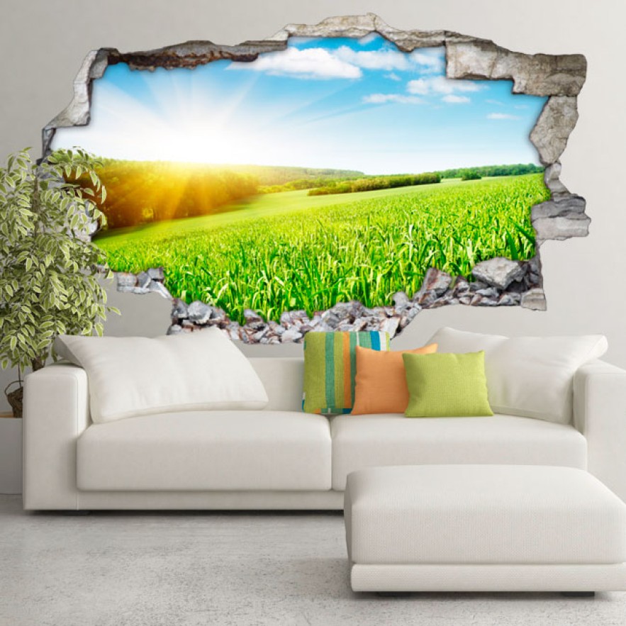 Vinilo agujero 3d atardecer en el campo