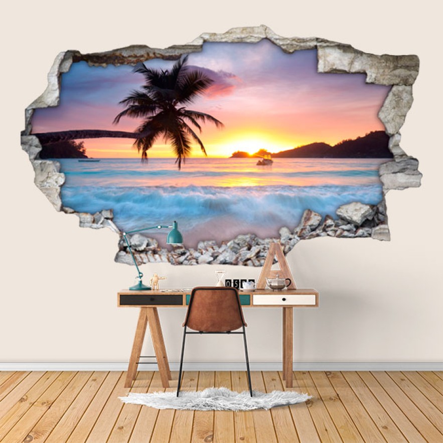 Vinilos agujero 3d palmera al atardecer en la playa