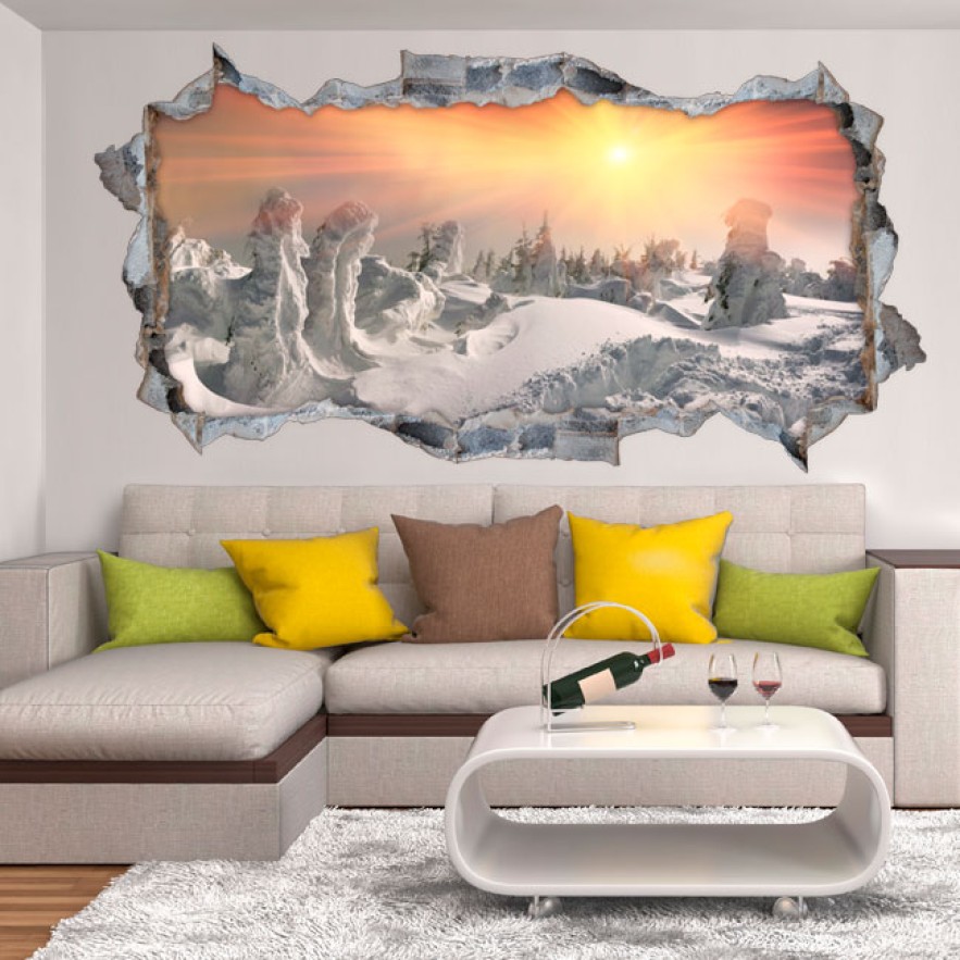 Vinilos agujeros 3d atardecer en las montañas nevadas