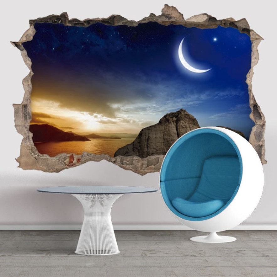 Vinilo agujero 3d atardecer mágico con luna