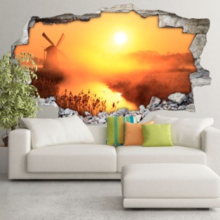 Vinilos agujero 3d atardecer molino holanda Vinilos agujero 3d atardecer molino holanda