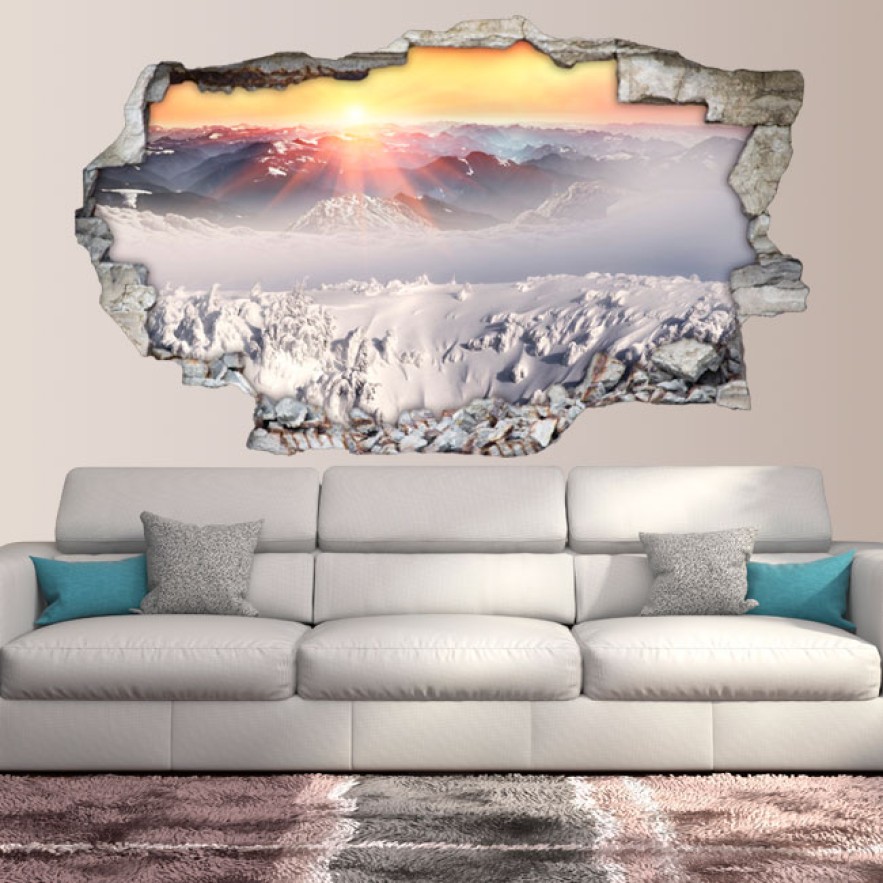 Vinilos agujero 3d atardecer montañas nevadas