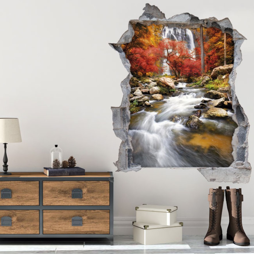 Vinilos agujero 3d cascada en otoño