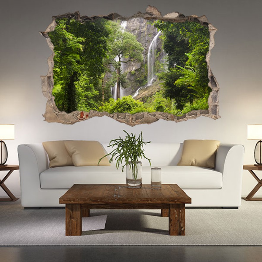 Vinilos agujero 3d cascada en la selva