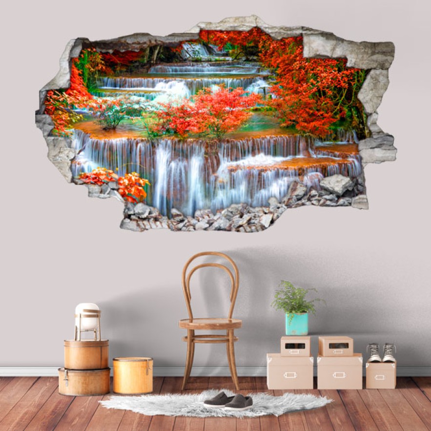 Vinilos agujero pared 3d cascadas en la naturaleza