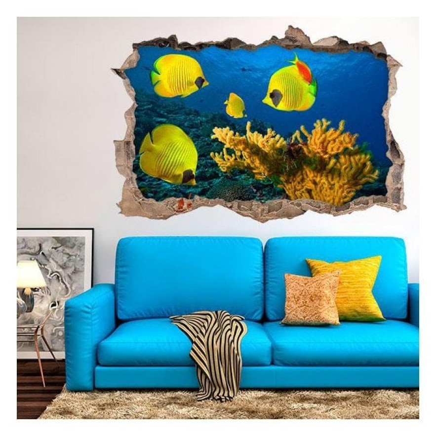 Vinilo agujero 3d corales y peces bajo el mar