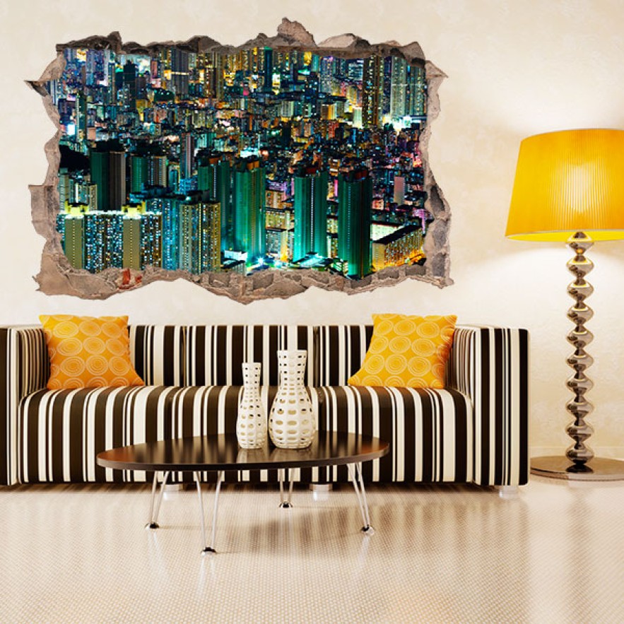 Vinilos agujero 3d edificios hong kong iluminados