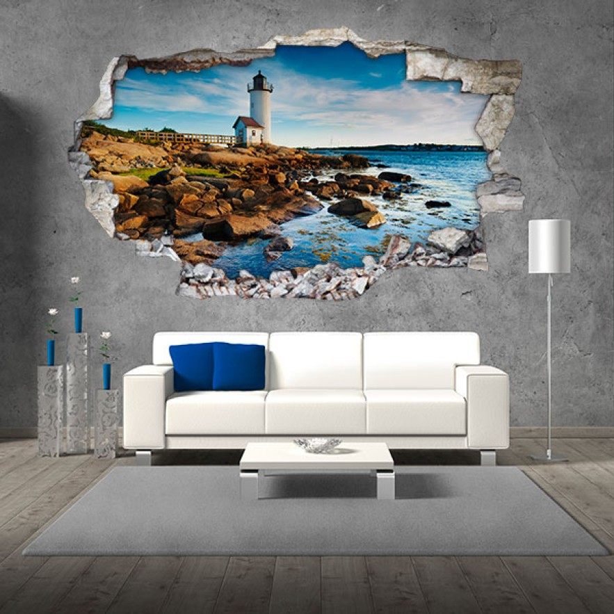 Vinilos agujero 3d paisaje faro en el mar