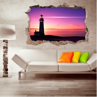 Vinilos agujero 3d faro en la playa al atardecer