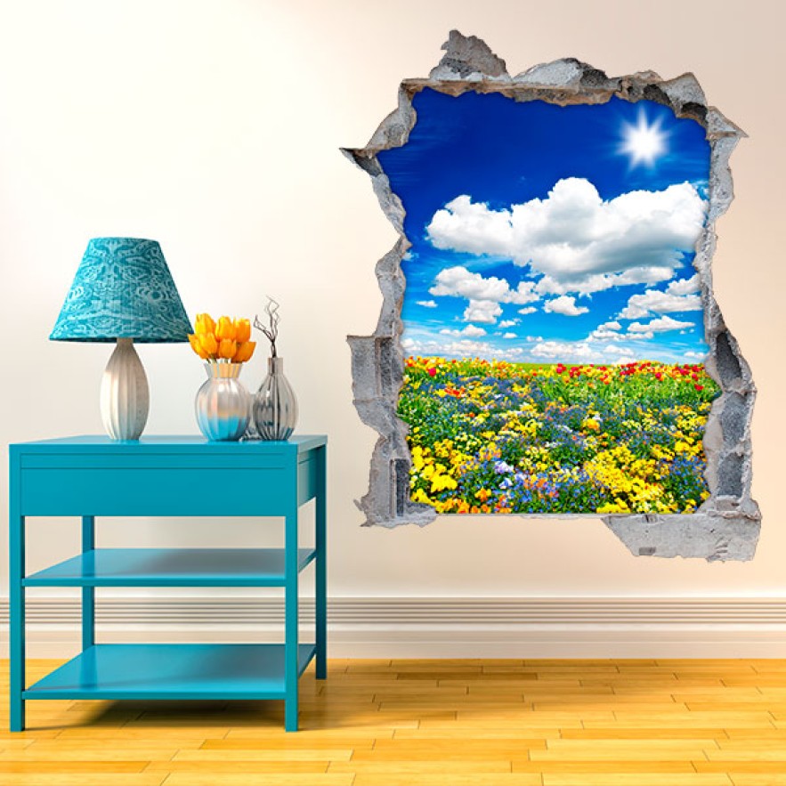 Vinilos agujero 3d paisaje flores en la pradera