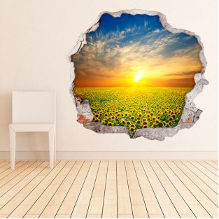 Vinilos agujero 3d girasoles en el campo al atardecer Vinilos agujero 3d girasoles en el campo al atardecer