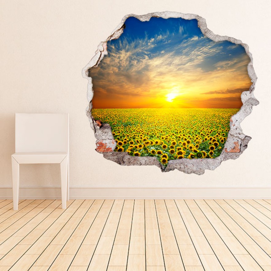 Vinilos agujero 3d girasoles en el campo al atardecer