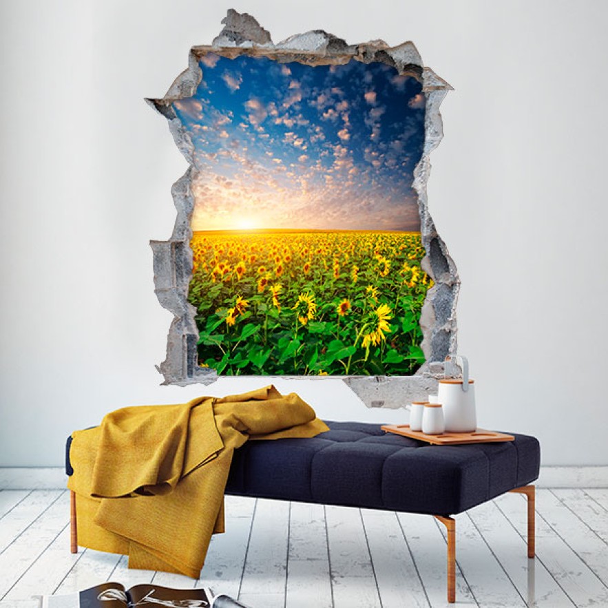 Vinilos agujeros 3d campo girasoles
