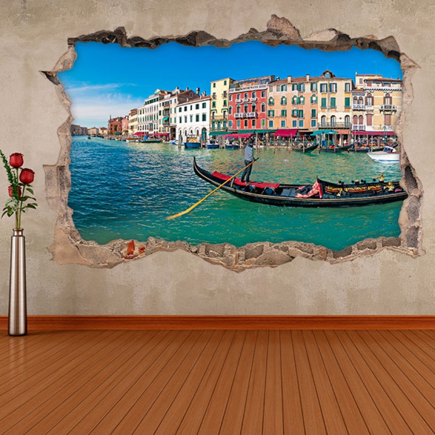 Vinilos agujero 3d paisaje góndola venecia