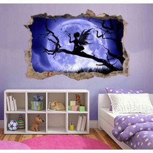 Vinilos agujero 3d silueta hada con luna llena Vinilos agujero 3d silueta hada con luna llena
