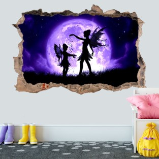 Vinilos agujero 3d silueta hadas sobre luna llena Vinilos agujero 3d silueta hadas sobre luna llena