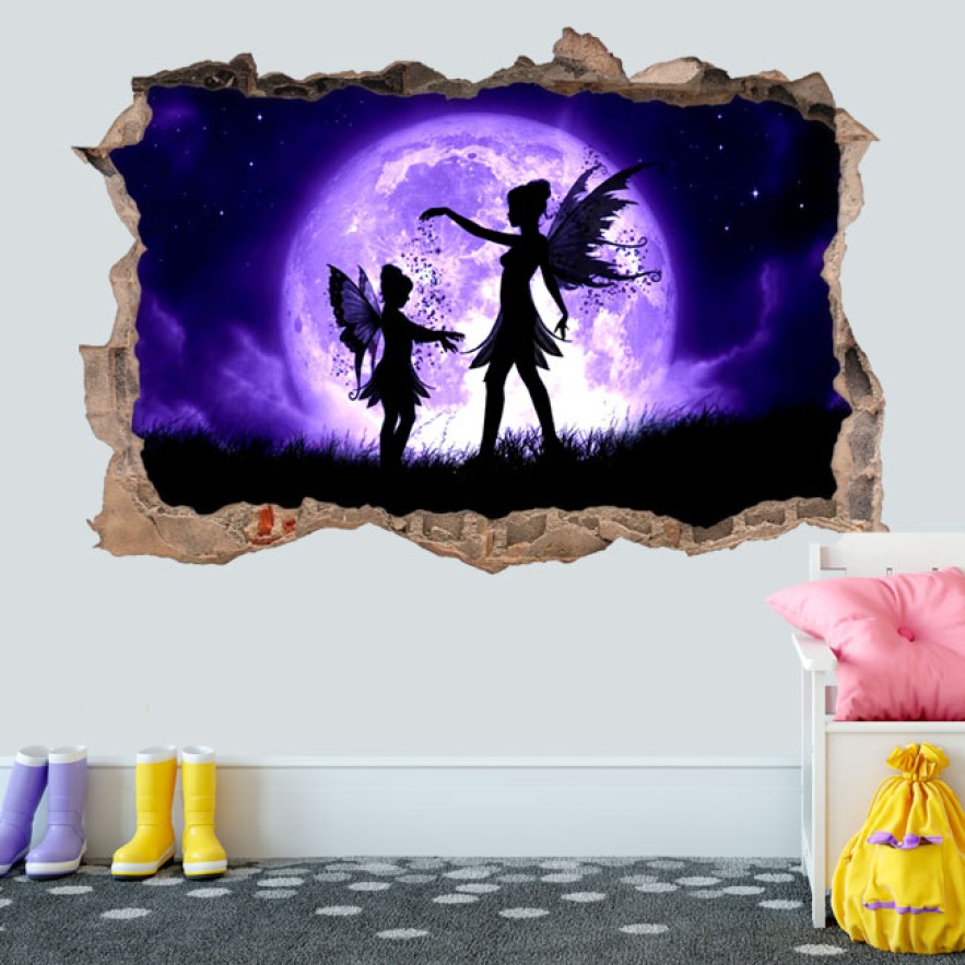 Vinilos agujero 3d silueta hadas sobre luna llena