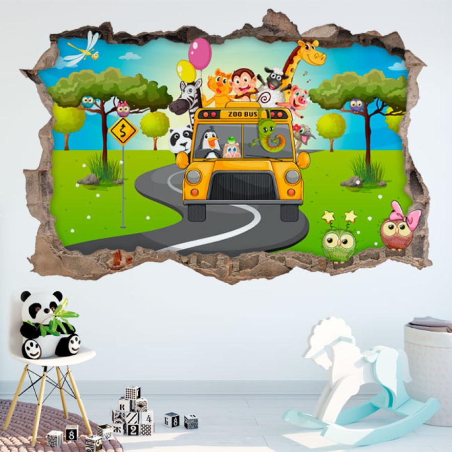 Vinilos agujero 3d autobús animales del zoo infantiles