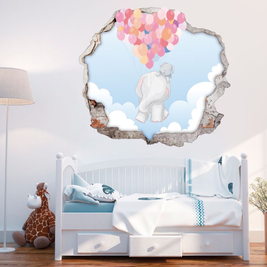 Vinilos agujero 3d infantiles o de bebé el vuelo del elefante y el perro