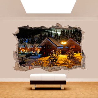 Vinilos agujero 3d invierno cabañas en las montañas Vinilos agujero 3d invierno cabañas en las montañas