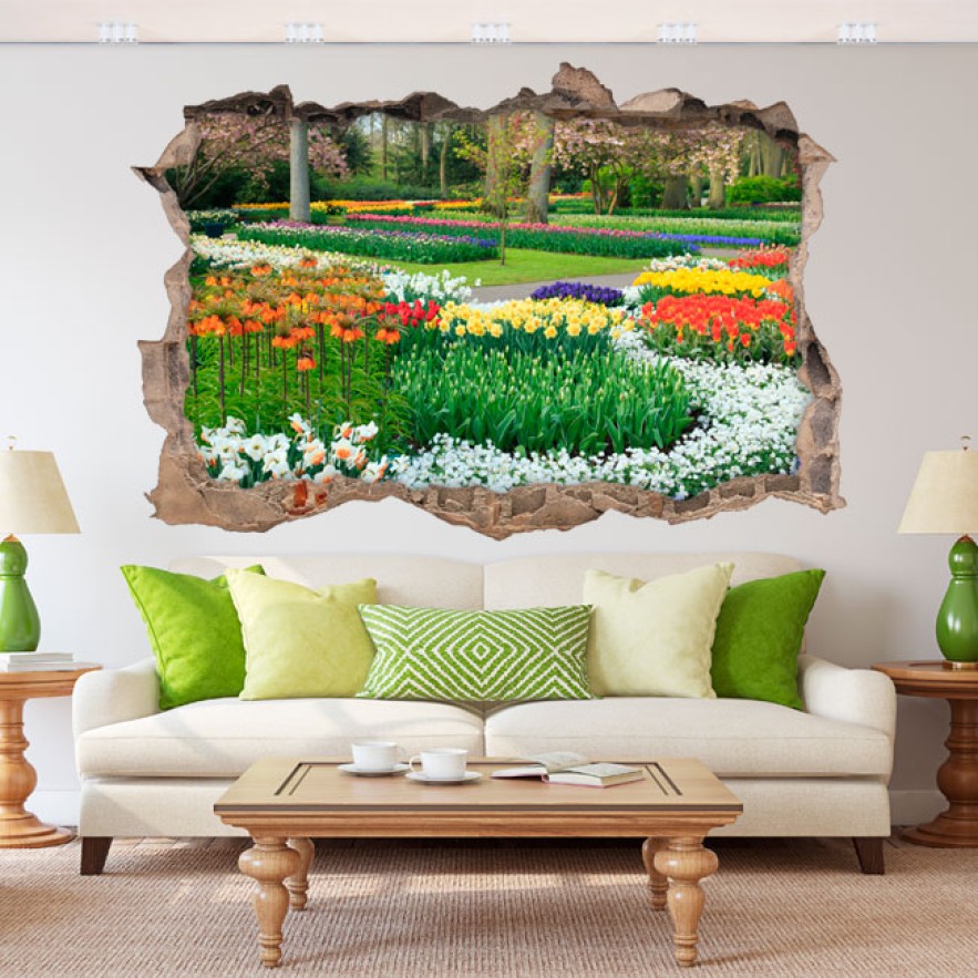 Vinilos agujero 3d jardín con flores
