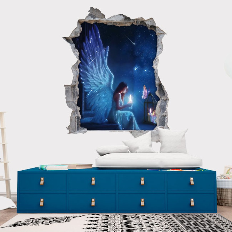 Vinilos agujero 3d mujer ángel en la noche