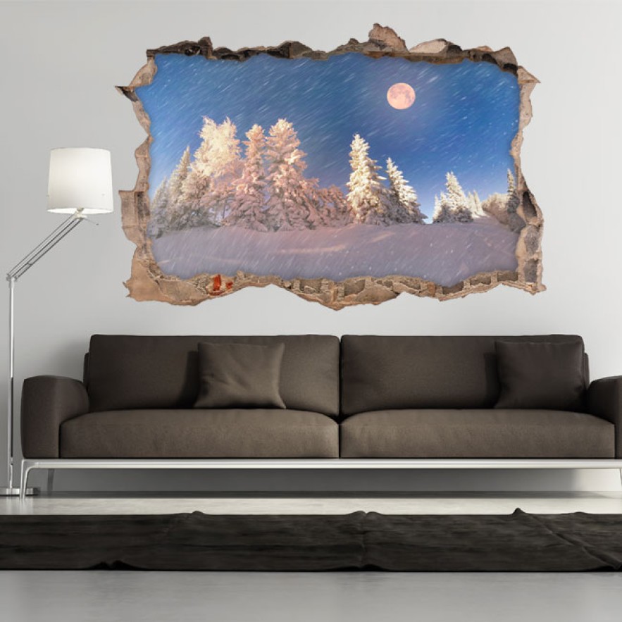 Vinilos agujero 3d montañas nevadas y luna