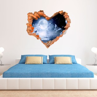 Vinilo agujero 3d corazón luna y mariposas