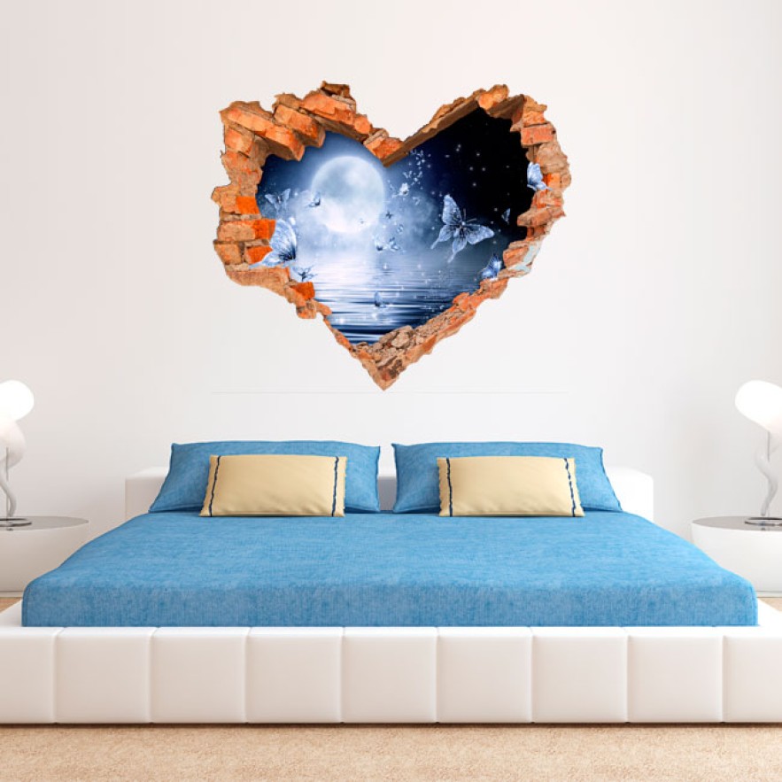 Vinilo agujero 3d corazón luna y mariposas